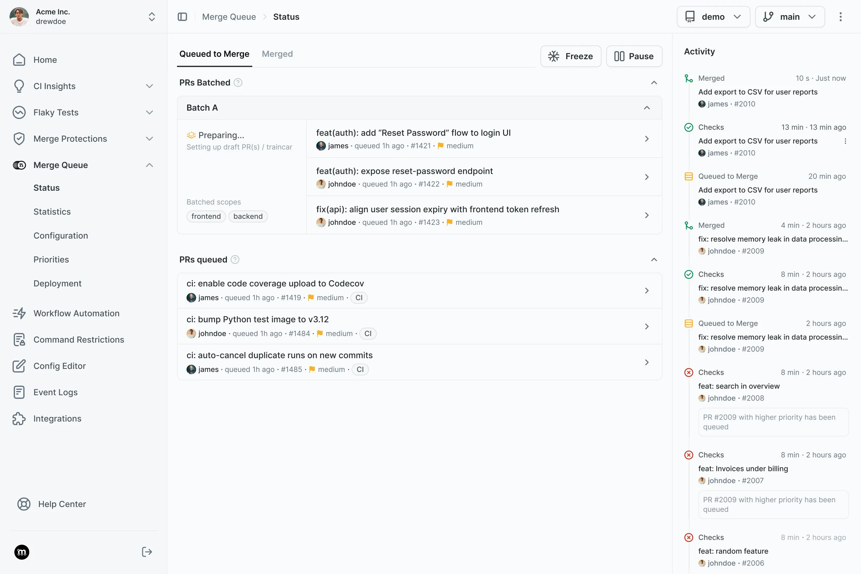 Merge Queue dashboard showing a queue of pull requests being processed in parallel