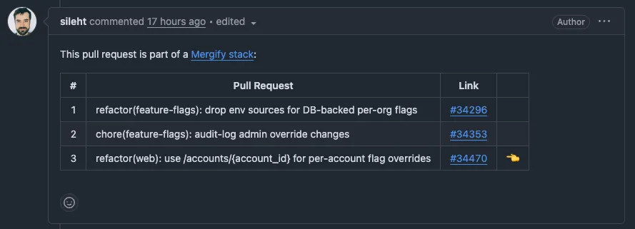 Stack comment showing PR position in the chain