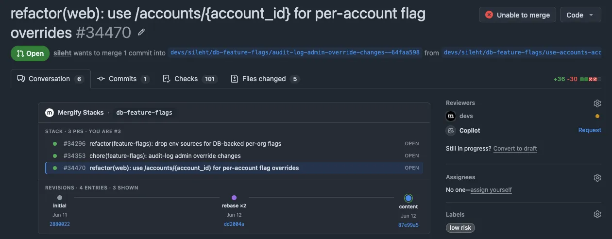 Mergify Stacks panel with the stack and its revision history timeline on a pull request
